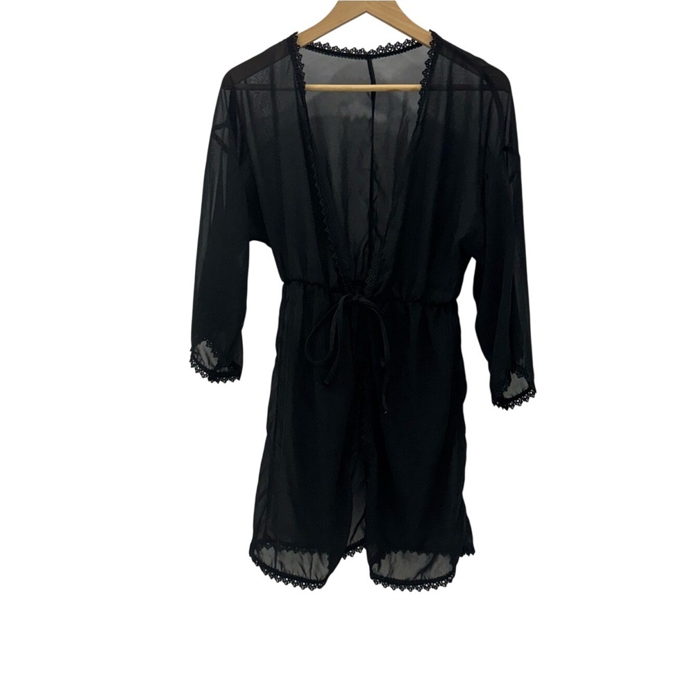 Black Sheer Chiffon Kimono Cover Up Lace Trim Tie Front Size S